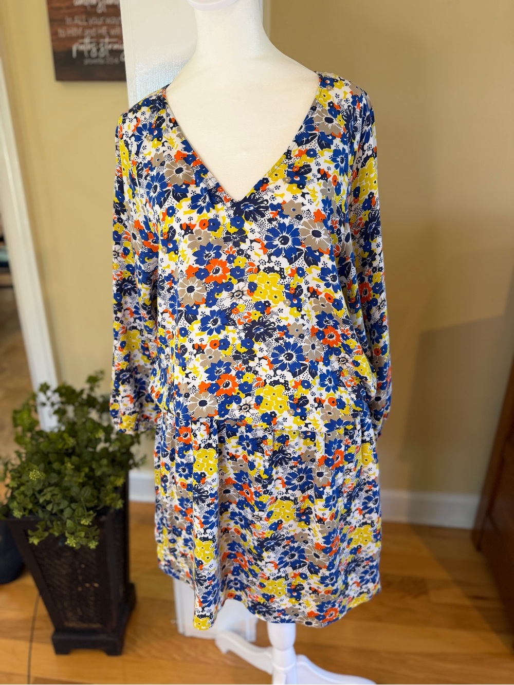 QMack Floral V-Neck Blouson Long Sleeve Mini Dress in Blue, Yellow & Orange